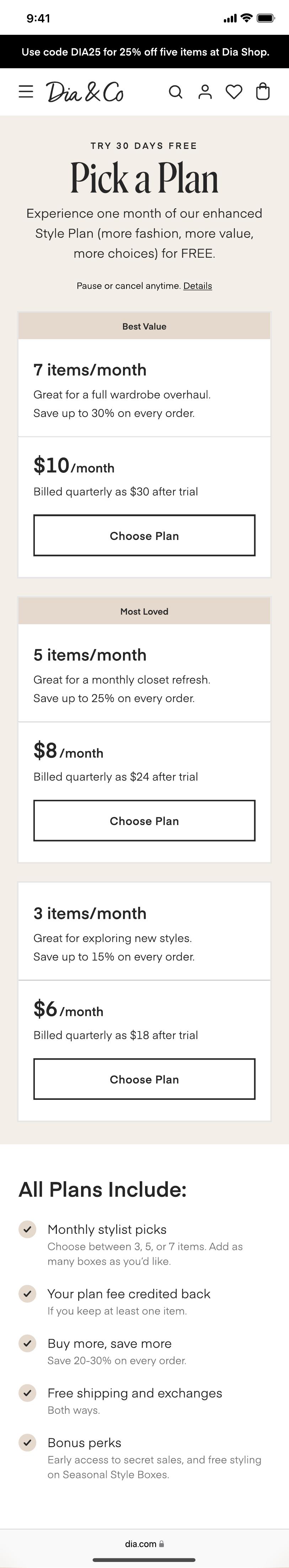 Dia & Co Pick a Plan mobile